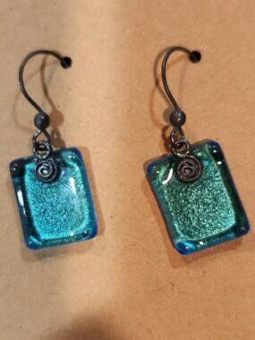 Blue Square Glass Dangle Earrings